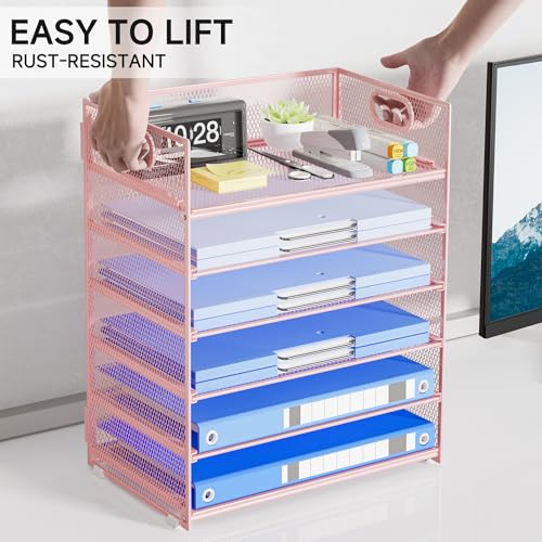 Pink Paper Organizer for Desk with Handle, 6-Tier Metal Mesh File Organizer | Stackable Desktop Organizer for Office Supplies & Stationery Storage - color: Pink, size: 12.6" x 9.1" x 13.5"
