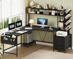 YOMILUVE L Shaped Desk with Hutch, Reversible Computer Desk with Drawers and Bookshelf, Home Office Desks with Storage Shelves for Bedroom Home Office, Black - color: Black