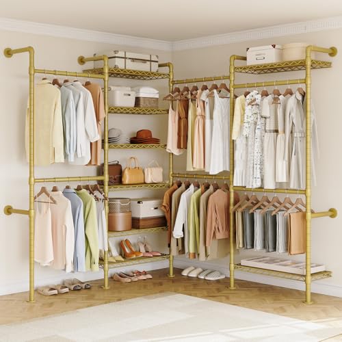 ONBRILL L4 Wall Mounted Industrial Pipe Clothing Rack, Closet Organizer System with 6 Hanging Clothes Rods ( 4 Expandable Rods) & 8 Shelves, Heavy Duty Corner Garment Rack, Large Wardrobe - Gold - color: Gold