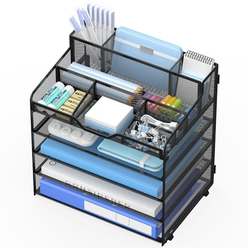 5 Tier Mesh Desk Organizer,Multi Functional Letter Paper Tray with 3 Pen Holders and 5 Adjustable Storage Compartments for Office Supplies Files and Mail Space Saving Desktop Organizer-Black - color: 5 tier-Black
