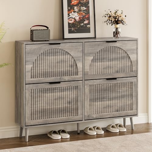 BORNOON Shoe Cabinet for Entryway with 4 Flip Drawers, Slim Wooden Shoe Storage Organizer with Modern Fluted Pannel，Freestanding Narrow Hidden Shoe Rack for Hallway, Foyer, Living Room - color: Grey, size: 4 Flip Drawers