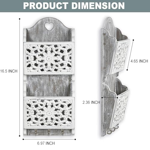 Key and Mail Holder for Wall Mail Holder for Wall, 2-Slot Mails Organizer with 3 Hooks, Key Hangers Rustic Wooden Walls Organizers for Letter Magazines - size: Small