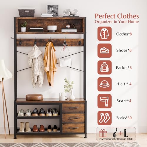 Lulive Hall Tree with Bench and Shoe Storage, 31.5" Coat Rack Freestanding with 2-Tier Storage Shelf, 6-in-1 Entryway Bench Coat Rack with 12 Hooks and 3 Drawers(Rustic Brown) - color: Rustic Brown