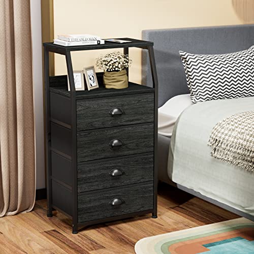 Furnulem Tall 4 Drawers Dresser, Vertical Storage Tower Black Dresser for Bedroom, Hallway, Entryway, Nursery, Closet Organizer, Nightstand Bedside Table Furniture, Sturdy Steel Frame, Wood Top - color: Black Oak, style: 4 Drawers