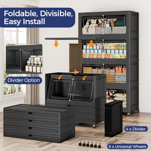 120GAL Storage Bins with Lid and Wheels, Stackable Closet Organizers and Storage Drawer, Collapsible Storage Box with Dividers, Foldable Plastic Cabinets for Room, Kitchen, 3 Pack Black - color: Black, size: 40Gal-3Pack