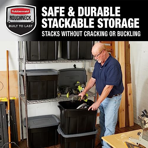 Rubbermaid 18 GAL 6 Pack Garage Storage Bins with Stackable Lid, Heavy Duty - Made in USA - Extreme Temperature Resistant, Durable Plastic Containers with Handles - Solid Black and Grey - size: 18 Gal - 6 Pack