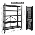 Grezone Foldable Shelves 5 Tier Heavy Duty Metal Storage Shelves with Wheels - No Assembly Collapsible Shelving Unit for Kitchen Garage Hold up to 1250 lbs - size: 39‘’W x 13.9''D x 62.9''H
