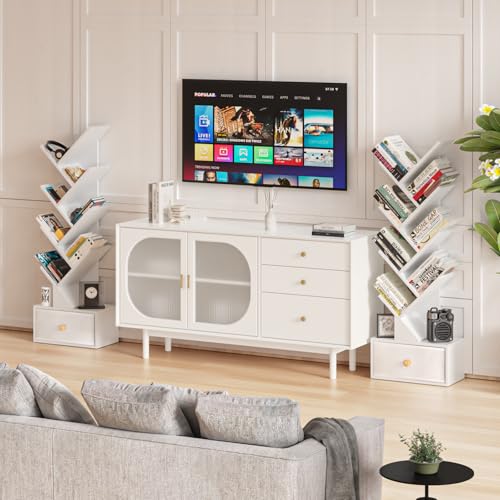 SHEEPAM 8 Tier Tree Bookshelf with Drawer, Free Standing Wood Bookcase for Living Room, Bedroom, Home Office, Space Saving Storage Organizer Bookshelves for Books, CDs, Vinyl Records- White - color: Elegant White, size: 8 Tier