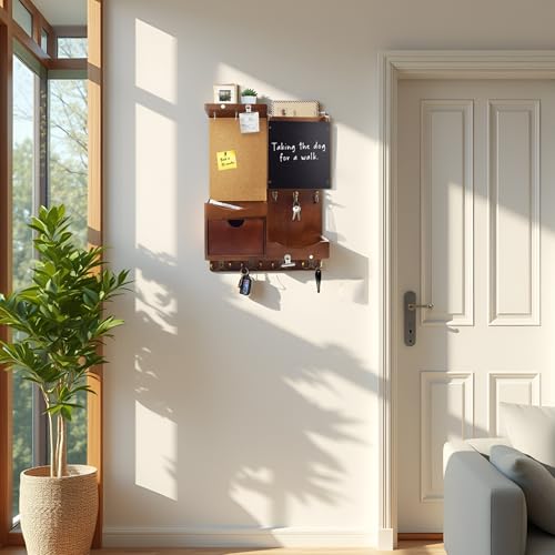 Key Holder Wall Mount， Mail Organizer Key Holder for Wall with Shelf, Drawer, Chalkboard, Corkboard, Home Decor Wall Mounted for Room Entryway(Vintage Brown) - color: Vintage Brown, size: Vertical