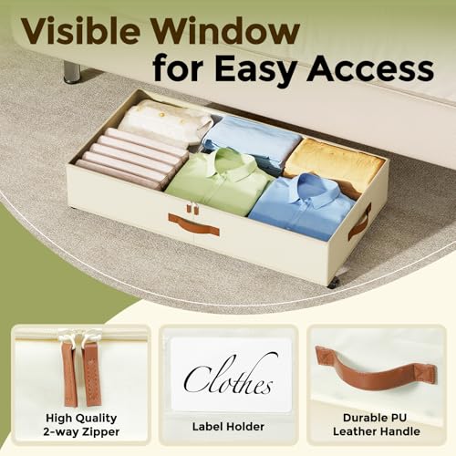 LAMU Under Bed Storage with Wheels, 2 Pack Under Bed Storage Containers with Clear Lids & Label, Rolling Under Bed Drawers for Clothes, Shoes, Blankets, Beige - color: Beige