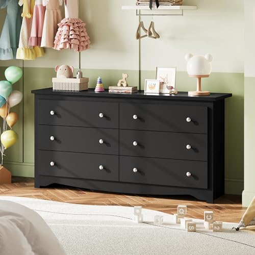 WLIVE Black Wooden Dresser for Bedroom, 6 Drawers Chest of Drawers, 59" Wide Modern Dresser Closet Storage Organizer for Living Room Hallway - color: Black, size: 6 Drawers