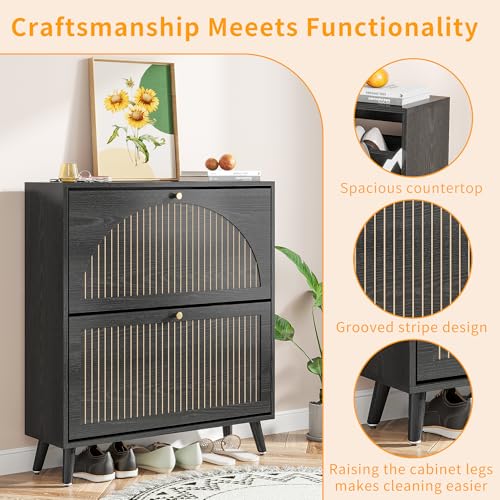 Fsbecl Shoe Storage Cabinet for Entryway with 2 Flip Drawers, Narrow Wood Shoe Cabinet with Fluted Panel, Freestanding Hidden Shoe Organizer for Foyer, Hallway (Black - with Shelf) - color: Black - With Shelf