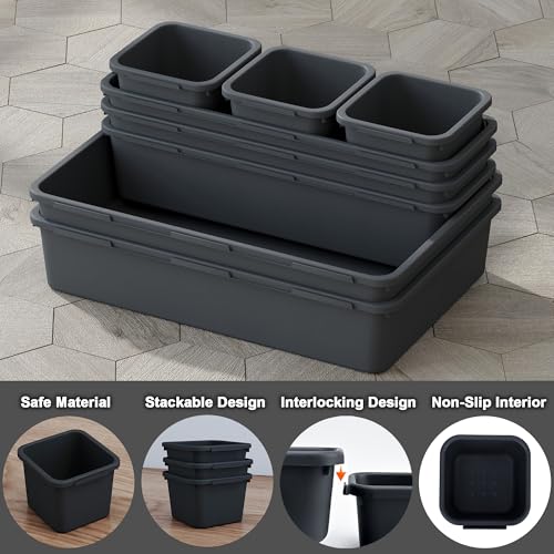 QUELIEN Desk Drawer Organizer Tray Set, 8PCS Plastic Drawer Organizer Bins for Office, Makeup, Kitchen - Gray Blue Desk Organizer with Flexible Interlocking Design for Efficient (Gray Blue, 8PCS)