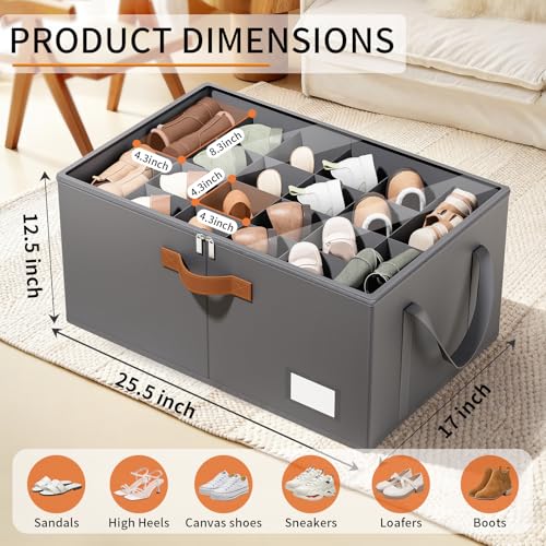 2 Pack Shoe Organizer for Closet, Foldable Shoe Storage Organizer with Clear Cover, Lable and Reinforced Handles, Space Saving Shoes Box Fits up to 20-40 Pairs, Gray - color: Gray-2 Pack, size: 25 ½"L x 17"W x 12 ½"H