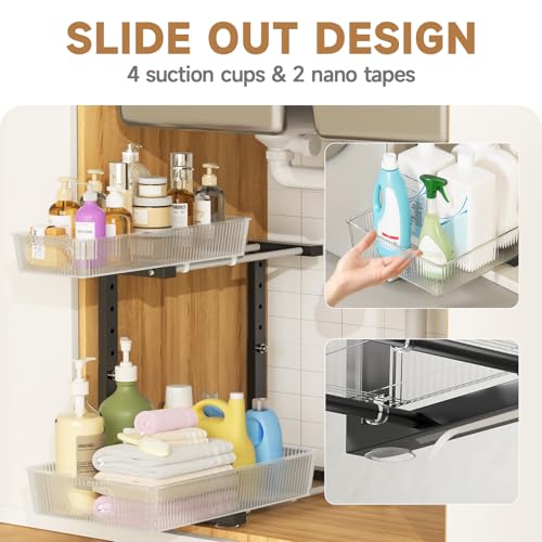 ETOYA 2 Pack Under Sink Organizer Kitchen, 2-Tier Pull Out Cabinet Organizer, L-Shaped Adjustable Height, Acrylic Under Sink Storage Shelf for Kitchen, Bathroom Vanity & Utility Closet - color: black