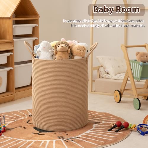 OIAHOMY Large Laundry Basket Hamper - 60L Cotton Rope Woven Basket for Blankets, Toys, Clothes - Tall Decorative Nursery Hamper with Long Handles, Yellow - color: Yellow, size: 60L