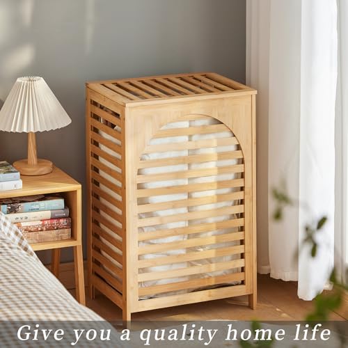 Laundry Hamper with Lid,Bamboo Large Waterproof Clothes Laundry Basket,Removable Washing Bags with Handles,clothes basket (Natural) - color: Natural