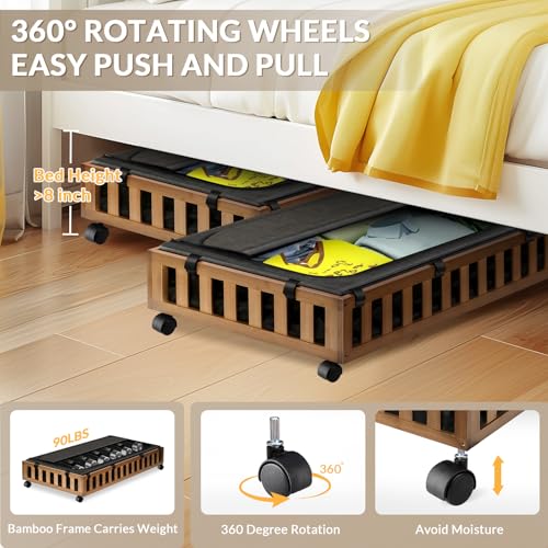 Gashell 2 Pack Bamboo Under Bed Storage with Wheels, 39”x20”x7.8” Lager Under Bed Storage Containers (Brown) - color: Brown