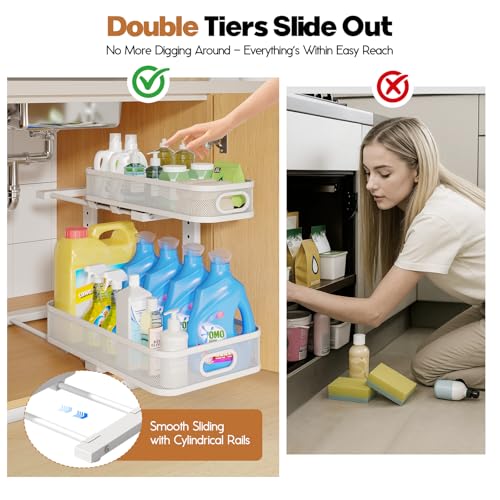 2 Pack 17.3IN-Depth Under Sink Organizer with Smooth Cylindrical Rail,2-Tier Pull Out Multi-Purpose Cabinet Storage for Bathroom&Kitchen,Height Adjustable,Rust-Resistant Coating-White - color: White, size: 2 Pack-17.3"Dx11"-16.14"H