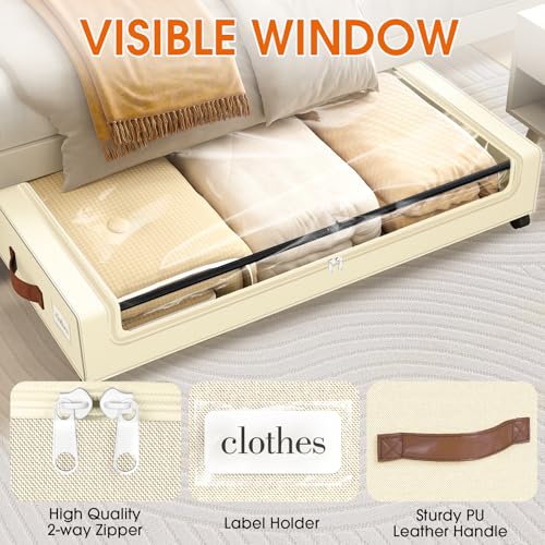 SpaceHacks Under Bed Storage with Wheels 2Pack Underbed Storage with Clear Window&Label Under Bed Drawers Large Capacity Rolling Under Bed Storage for Clothes,Shoes, Blankets (Beige) - color: Beige, size: 2 pack