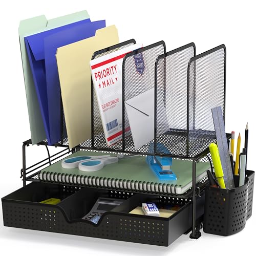 Simple Houseware Mesh Desk Organizer with Sliding Drawer, Double Tray and 5 Upright Sections, Black - color: Black