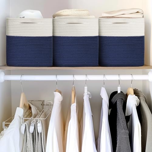 11x11 Cube Storage Bin - 3 Pack Woven Storage Cubes Organizer, 11 Inch Cotton Rope Baskets for Organizing, Decorative Square Shelf Baskets Closet Bins, Toy Boxes for Boy, Dark Blue Decor - color: Dark Blue
