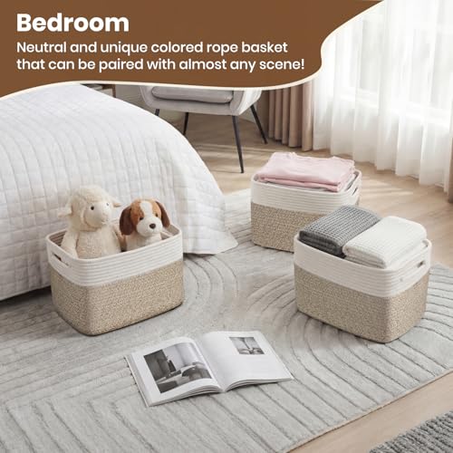 Storage Baskets for Organizing, 14 x 10 x 9” Closet Shelf Woven Baskets, Square Bins with Handles, Cotton Rope Basket for Toys, Clothes, Office, Room, White+Rice Brown 1 Pack - color: White+Rice Brown, size: 1pc