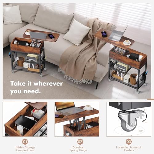 Colima Lift Top End Table with Charging Station and Wheels, Sofa Side Table with USB Port & AC Outlets, Movable Bedside Nightstand with Side Bag for Office Living Room Bedroom(Rustic Wood) - color: Rustic Brown