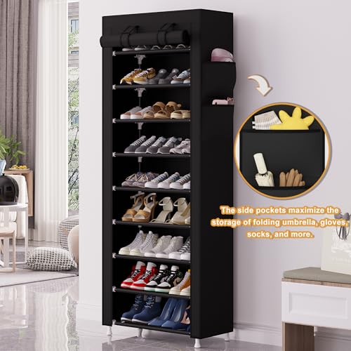 Calmootey 9 Tier Shoe Rack Organizer,Portable Shoe Shelf with Nonwoven Fabric Cover for Closet Hallway,Bedroom,Entryway,Black | Organizer - color: Black, size: 9-tier(23.62"W)