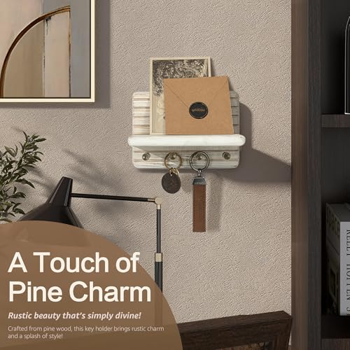 Rebee Vision Pine Wood Key Holder Wall Mount – Mini 7-inch Key Holder for Wall with Wooden Shelf – Perfect Home Decor for Entryway, Living Room & Bedroom (Distressed White) - color: Whitewash, size: Small-7inch