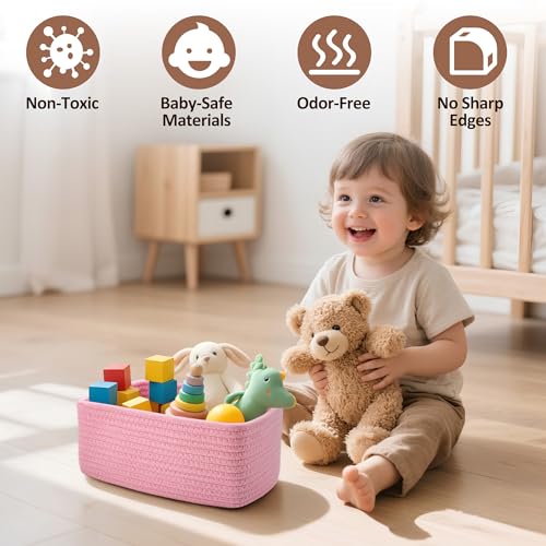 5-Pack Small Woven Rope Storage Baskets – 2 Sizes Organizer Bins for Closet, Shelf, Bookshelf, Nursery, Changing Table, Fabric Cube Boxes, Rectangular Shallow Bins for Bathroom, Toy & Home - color: Pink