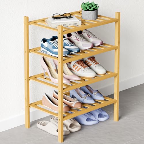 Smiry Bamboo Shoe Rack for Closet, 4 Tier Small Wooden Stackable Shoe Organizer, Free Standing Shoes Storage Shelf for Entryway, Front Door Entrance, Natural - color: Natural, size: 4 Tier - Small