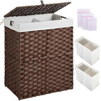 Greenstell Laundry Hamper with lid, No Install Needed, 90L Wicker Laundry Baskets Foldable 2 Removable Liner Bags, 2 Section Clothes Hamper Handwoven Rattan Laundry Basket with Handles, Brown - color: Brown, size: 90L (18.3x13.3x24.0 Inches)