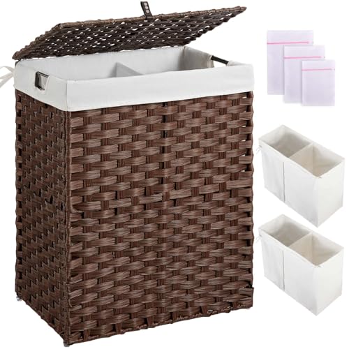 Greenstell Laundry Hamper with lid, No Install Needed, 90L Wicker Laundry Baskets Foldable 2 Removable Liner Bags, 2 Section Clothes Hamper Handwoven Rattan Laundry Basket with Handles, Brown - color: Brown, size: 90L (18.3x13.3x24.0 Inches)