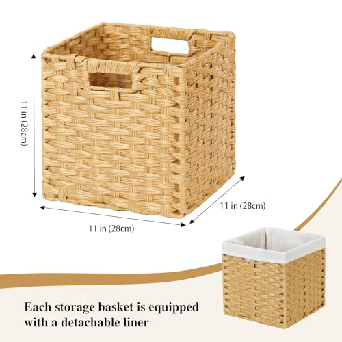 DULLEMELO Wicker Storage Baskets with Handles, Foldable Storage Cubes Set of 2 Plastic Wicker Baskets for Organizing Shelves,11 Inch Cube Baskets, Natural - color: Natural, size: 11in-2 pack