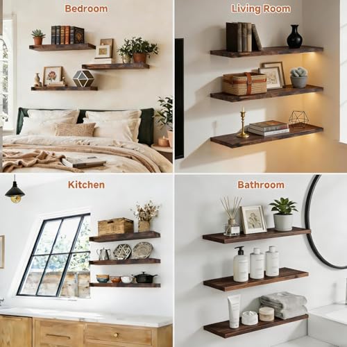 LifetimeWarranty Easy Install Floating Shelves,15.7 Inch Wall Mounted Wooden Floating Shelves, Small Wall Shelf for Storage&Home Decor, Living Room, Kitchen, Office, Corner Shelf for Bathroom,Set of 3 - color: Brown Floating