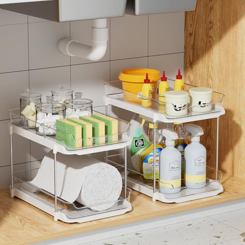 Delamu 4 Pack 2-Tier Bathroom Under Sink Organizers and Storage, Multi-Purpose Stackable Pantry Organization and Storage, Pull Out Clear Kitchen Bathroom Cabinet Organizer with Movable Dividers, White - color: White, size: 4 Pack 2-Tier