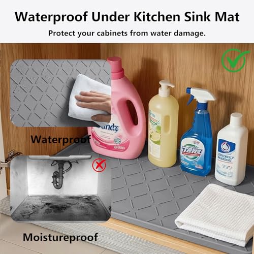 Mateeylife Under Sink Mats for Kitchen Waterproof 31"X22", Undersink Protectors，Silicone Mat Cabinet Liner, Under Sink Organizer for Bathroom and Kitchen，Boot Tray Pet Food Mat, Dark Grey - color: Dark Grey, size: 22''W x 31''L