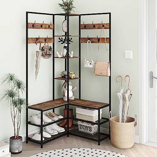 GiftGo Corner Hall Tree with Shoe Rack Storage Bench Display Open Shelves Modern Industrial Entryway Coat Rack Stand for Home Living Room Mudroom Bedroom Multifunctional 5 in 1 (Rustic Brown) - color: Rustic Brown