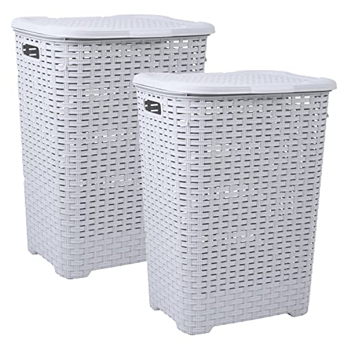 Plastic Laundry Hamper with Lid Laundry Hamper Basket, White Smoke 2 Pack Tall Cloths Hamper Organizer with Cut-out Handles. Space Saving for Laundry Room Bedroom Bathroom, Wicker Design 60 Liter - color: White Smoke, size: 2-pack