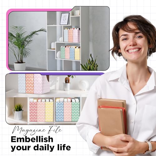 Jutom 32 Pcs Magazine File Holder Set Including Colored Foldable Desk File Holder Organizer White Label Stickers Cat Pen Cardboard Magazine Storage Box for Document School Office(Solid,Striped) - style: Striped