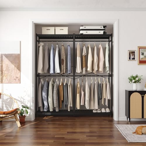Homykic Bamboo Clothes Rack with Shelves and Double Hang Rods, Portable Closet System Garment Rack for Hanging Clothes, Tall Clothing Rack Corner Closet Organizer, Easy to Built, Freestanding, Black - color: Black, size: Standard