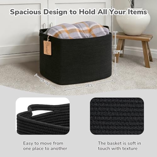 Goodpick Woven Storage Baskets for Organizing, 18" x 14" x 12" Rectangle Blanket Basket with Handles, Nursery Cotton Rope Basket for Living Room, Bedroom, Black - color: Black, size: 18"L x 14"W x 12"H