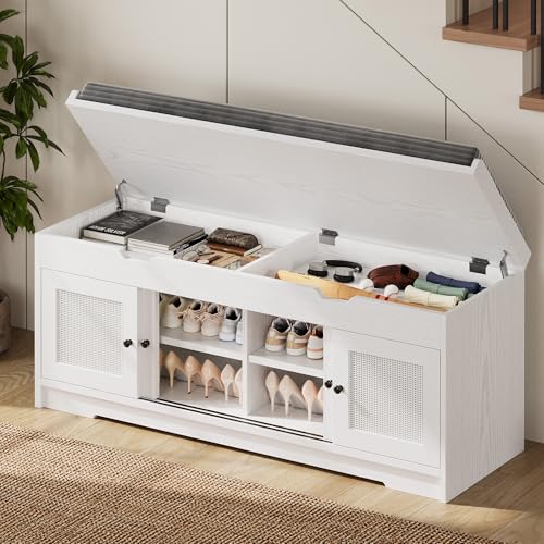 LIKIMIO 47.2" Shoe Bench with Lift Top Storage, Entryway Bench with Cushioned Seat, 2-Tier Rattan Shoe Cabinet with Adjustable Shelf, Storage Bench for Bedroom, Living Room, Hallway, White - color: White
