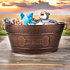BREKX Indestructible Metal Dog Toy Bin - Copper Galvanized Storage Bin with Handles, Pet Storage Organizer - Ropes, Blankets, & Leashes, Bone Design Pet Toy Box (15-Quart) - color: Antique Copper