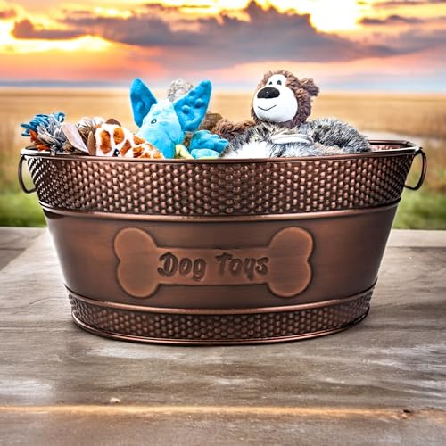 BREKX Indestructible Metal Dog Toy Bin - Copper Galvanized Storage Bin with Handles, Pet Storage Organizer - Ropes, Blankets, & Leashes, Bone Design Pet Toy Box (15-Quart) - color: Antique Copper