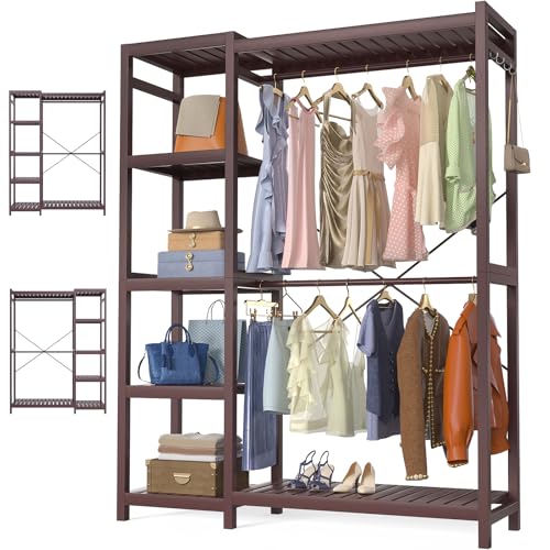 Homykic Bamboo Clothes Rack Garment Rack for Hanging Clothes, Heavy Duty Clothing Rack with 7 Tiers Adjustable Shelves, Double Rods, 4 Hooks, Freestanding Closet System Organizer Wardrobe, Espresso - color: Espresso, size: II Medium