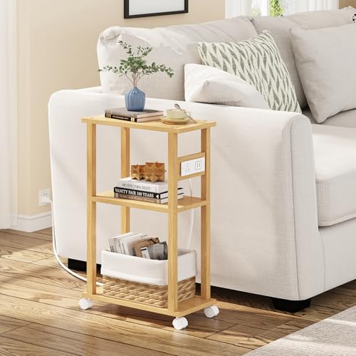 TUTOTAK Small Narrow Side Table with Charging Station, Skinny End Table for Small Spaces, Slim Nightstand with USB Ports and Outlet, Sofa Beside Table with Wheels, Natural TB01BN047 - color: Natural, size: 2 PC, style: With Plug