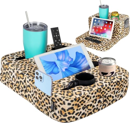 TabCouchCaddy - Couch Cup Holder Tray Pillow - Bed, Couch Caddy, Sofa, RV & Car - Holds Drinks, Snacks, Remotes, Phones, Kindle, Tablet | Bed Cup Holder (Leopard) - color: Leopard