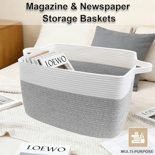 Large Blanket Basket,Woven Rope Basket Storage Bin with Handles,65L Rectangle Laundry Basket for Magazines,Toys,Clothes,Newspaper Shelf Organization,Nursery and Living Room,White&Grey - color: White & Grey, size: 21"x16"x12"(65L)